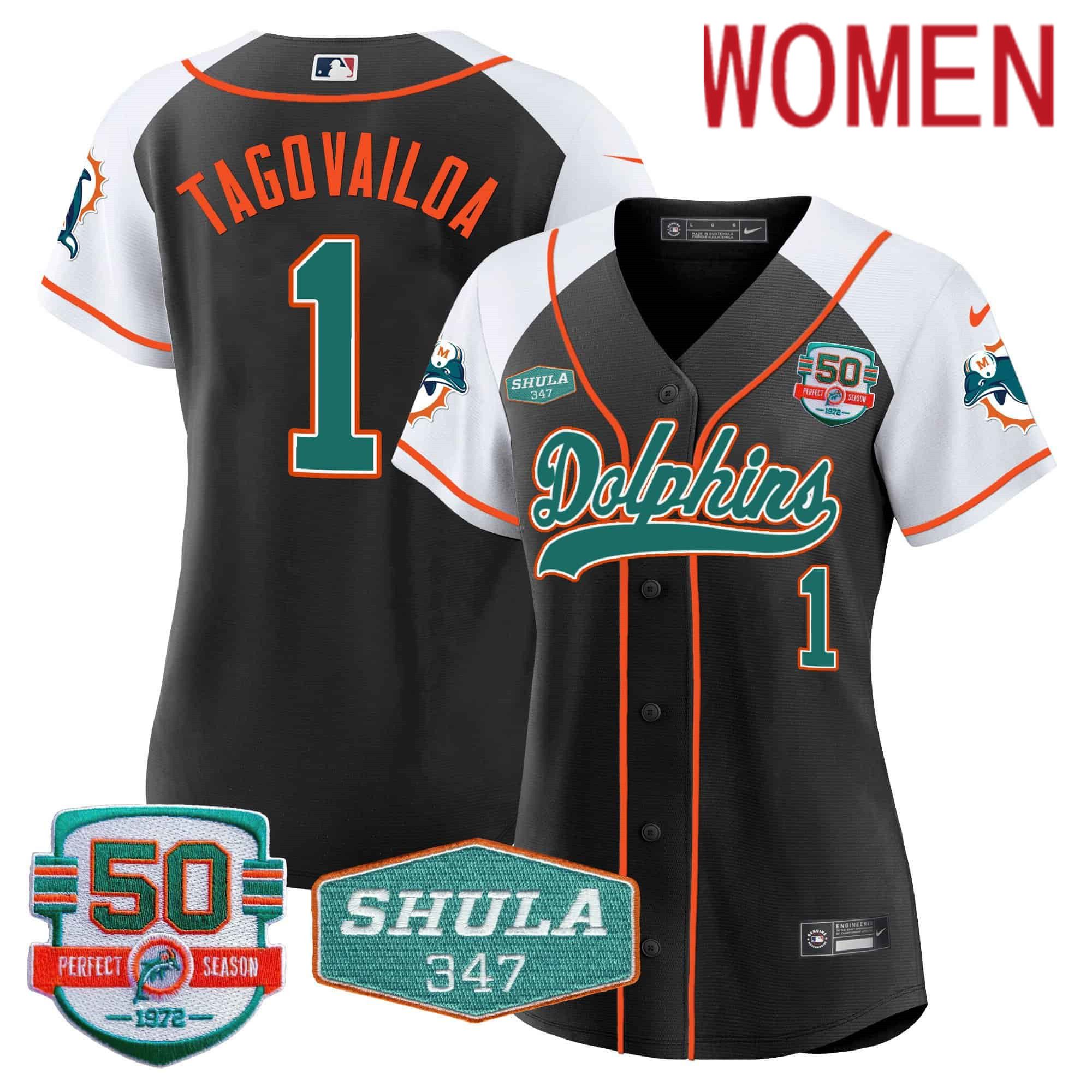 Women Miami Dolphins #1 Tagovailoa Black 2024 Nike 50th Don Shula Memorial Patch Baseball NFL Jersey
